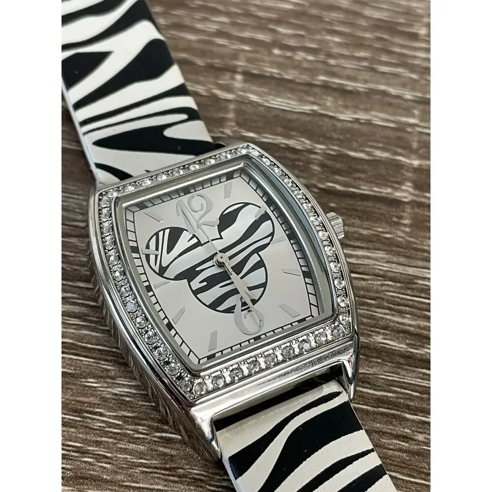 Mickey Mouse Disney Zebra Print Crystal‎ Analog Women’s Petite Wrist Watch 8”